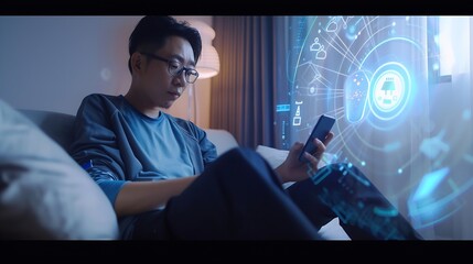 Leinwandbilder - asian man sitting on sofa and using smart home control app on mobile phone with augmented reality view of IOT connected objects in apartment : Generative AI