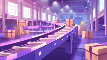 Aufkleber - In an automated production line with parcels, goods, products or products in carton packages, a conveyor belt with cardboard boxes appears in a factory, plant, warehouse, or post office interior,