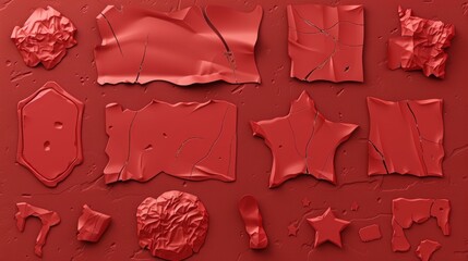 Poster - A mockup of red glued stickers or crumpled paper patches with curve edges. The mockup includes a variety of shapes including rounds, squares, stars, stripes, rectangles and wrinkled emblems with