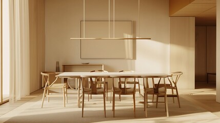 Aufkleber - Modern interior design of apartment dining room with table and chairs empty living room with beige wall panorama : Generative AI