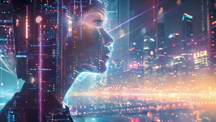 Poster - A digital silhouette of a womans profile overlays a vibrant neon-lit cityscape at night.