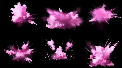 Poster - Game or animation sprite with pink bursts of powder. Cartoon explosion with color clouds. Set of sequences with pink powder splash isolated on black.