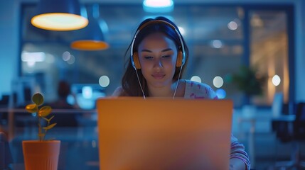Poster - Image of young pleased happy cheerful cute beautiful business woman sit indoors in office using laptop computer listening music with earphones : Generative AI