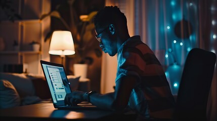 Aufkleber - Modern young man working remotely from home at night : Generative AI