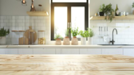 Poster - Empty beautiful wood table  top counter  and blur bokeh modern kitchen interior background in clean and brightBanner Ready for product montage : Generative AI