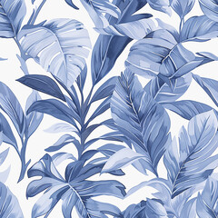 Wall Mural - watercolor seamless pattern with tropical leaves in blue. jungle print