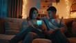 © The Little Hut - Couple Use Smartphone Device while Sitting on a Couch in the Cozy Apartment Boyfriend and Girlfriend Talk do eShopping on Internet Watching Funny Videos Use Social Media Streaming Serv : Generative AI