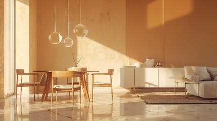 Aufkleber - Modern interior design of apartment dining room with table and chairs empty living room with beige wall panorama : Generative AI