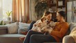 © The Little Hut - Happy family on sofa and puppy in living room : Generative AI