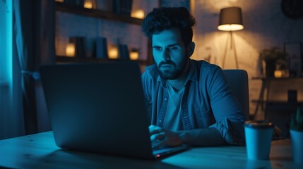 Aufkleber - Modern young man working remotely from home at night : Generative AI