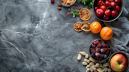 Top view kitchen worktop with fruits, dried snacks, text space