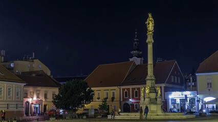 Wall Mural - Holy Mary monument in front of the Cathedral night timelapse in Zagreb, Croatia