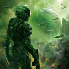 Wall Mural - green space soldier with spaceship with a gun