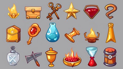 Wall Mural - Set of icons for the UI of RPG computer or mobile games, including keys, dynamite, gift boxes, flags, gold goblets, and award badges.