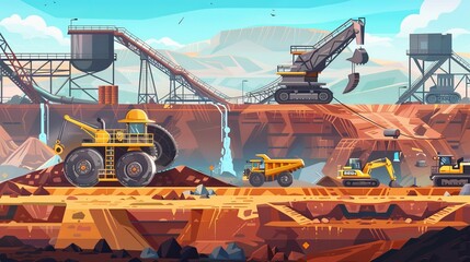 An engineer in a helmet works in an opencast mine. Modern posters of mining industry with cartoon illustrations of a worker, dumper and excavator.