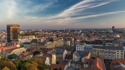 Panorama of the city center timelapse, Zagreb with mail buildings, museums and cathedral in the distance.