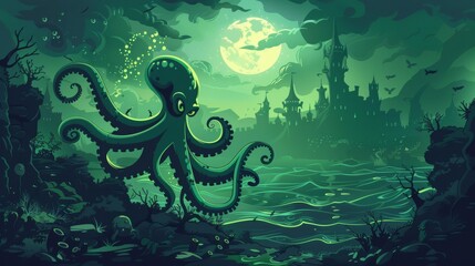 Sticker - Imaginary seascape with a giant squid and green octopus swimming in the dark of the night with suckers extending from their tentacles. Modern cartoon illustration of the dark underwater seascape.