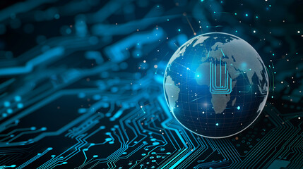 A computer screen shows a globe with a blue background. The globe is surrounded by a network of wires and circuits. Concept of technology and interconnectedness, as well as the vastness of the world