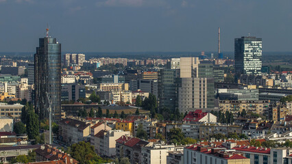 Wall Mural - Panorama of the city center timelapse of Zagreb, Croatia, with modern and historic buildings, museums in the distance.