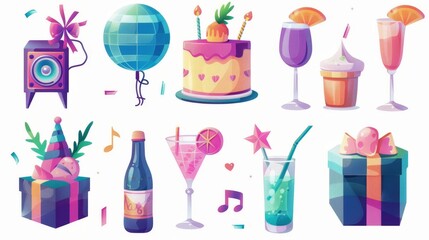 Party theme with disco ball, hats, cocktails and cake. Modern cartoon icons of party equipment, gifts, drinks, and music speakers.