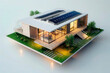 Eco-friendly miniature house model with solar panels on the roof among lush greenery isolated on white background.