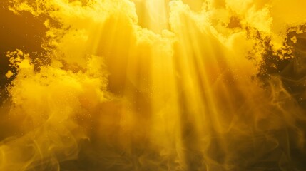 Poster - On transparent background, yellow smoke and sun rays. Dust spray, water drops, magic flow mist, smoke haze or fume stream. 3D modern isolated steaming vapour.