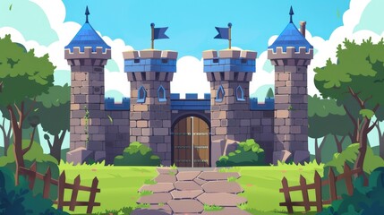 Sticker - Castle with gates and stone brick walls on green meadows with wooden doors and stone road, modern cartoon illustration of a medieval castle.