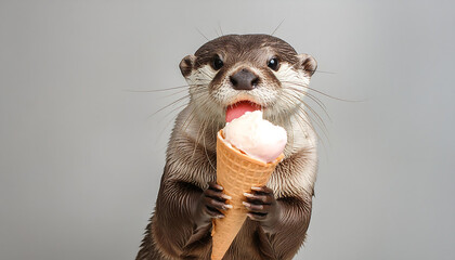 Wall Mural - Playful Otter Enjoying Ice Cream