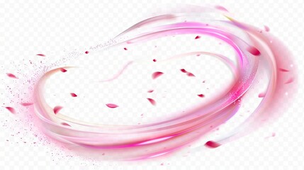 Wall Mural - Flowing spiral air vortex with flying blossom petals and magic dust splash on transparent background. Modern realistic illustration of spiral air vortex with flying blossom petals.