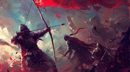 Wall Mural - Digital illustration painting design style a knight and big sword against demon armies