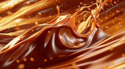 Wall Mural - Isolated brown melt toffee syrup stream with splatters dynamic motion for ads promo design, realistic 3D modern illustration.