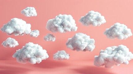 Poster - 3D illustration set of white clouds isolated on pink background. Soft, round, fluffy clouds floating in heavenly sky. Design of 3D interface for a game.