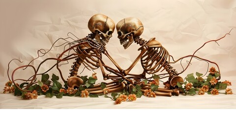 eternal love theme with intertwined skeleton and growing flowers symbolizing forever love. concept d