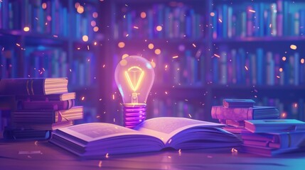 Poster - 3D render, power of knowledge concept with open book and glowing light bulb. Education, school learning, creative idea, inspiration illustration.