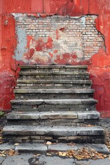 Poster - A red brick wall with a peeling paint job and steps leading up to it, AI