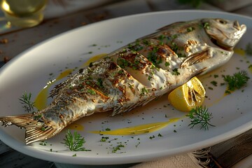 Wall Mural - Fresh fish garnished with herbs and served on a white plate with a lemon, AI-generated.