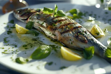 Wall Mural - Fresh fish garnished with herbs and served on a white plate with a lemon, AI-generated.