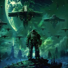 green space soldier with spaceship with a gun