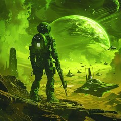 Wall Mural - green space soldier with spaceship with a gun