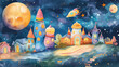 The watercolor illustration shows a fantasy cityscape with bright houses and a rocket taking off from a launch pad. A large moon hangs in the background.