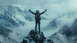 © Uwe - A man standing on top of the mountain with his arms raised in victory, symbolizing success and achievement.
