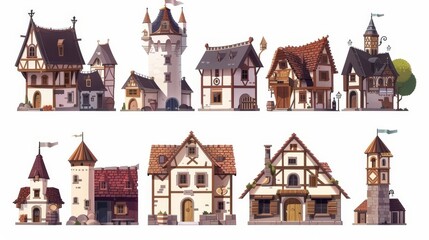 Wall Mural - Detailed illustration of old European castle, fortress, stone windmill, barn, shop, and house isolated on white. Town design elements.