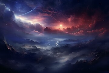 Wall Mural - Artistic depiction of a mystical landscape with soaring mountains, a starry sky, and celestial bodies