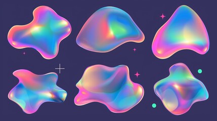 Poster - Holographic abstract blur spot. Modern 3d chameleon y2k aura shape gradient texture. Soft geometric blend isolated set. Bright fluid paint colorful blurry dynamic brush stroke glow.