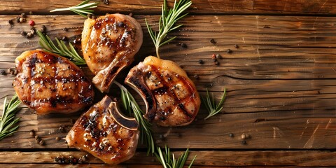 Wall Mural - Grilled Pork Chops on Wooden Table: A Delicious Background. Concept Food Photography, BBQ, Grilled Meats, Yummy Recipes
