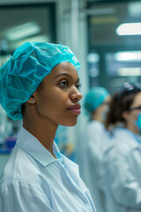 Wall Mural - A woman wearing a blue surgical cap