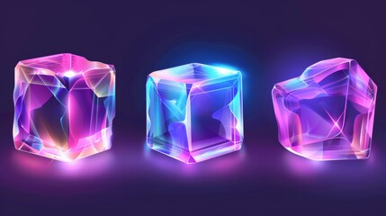 Poster - The 3d crystal light holographic glass cube modern isolated icon is a realistic geometric translucent block shape set with purple hologram reflections on different angles.