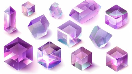 Poster - Modern illustration of a futuristic gradient material with a crystal light holographic cube. Glass cube with purple hologram reflection on different views.
