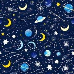 Wall Mural - Cosmic Pattern with Planets, Stars, and Comets on Dark Background
