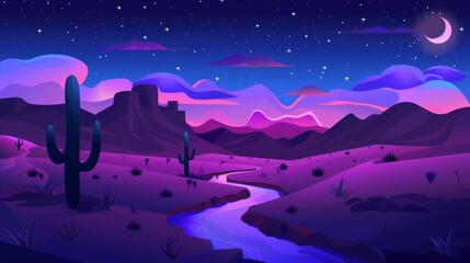 Wall Mural - Modern cartoon illustration of cacti, dunes, stars, clouds in dark sky, water surface reflecting moonlight as a desert landscape in the night.